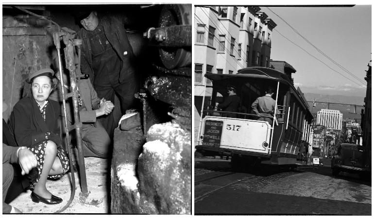 Left: Friedel Klussmann with several men in an underground cavern next to the gears beneath a cable car turntable in 1947. Right: A cable car with riders heads down a hill towards the bay during daytime in 1947.