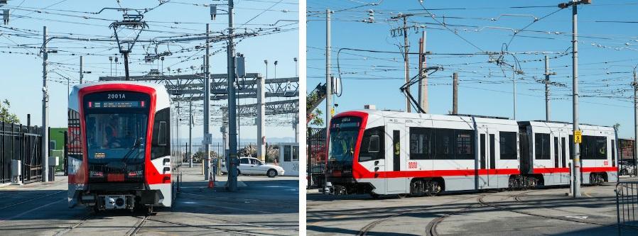Photos of the new Muni train outside in the train yard.