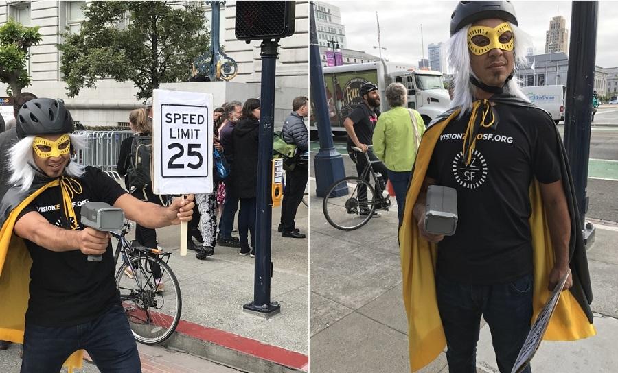 Two photos of a man in costume as the Vision Zero Hero, wearing a cape, a wig, a bicycle helmet and eye mask, holding a speed radar and sign that says, "SPEED LIMIT 25."