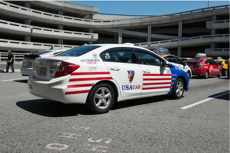USA cab in red stripes, white and blue