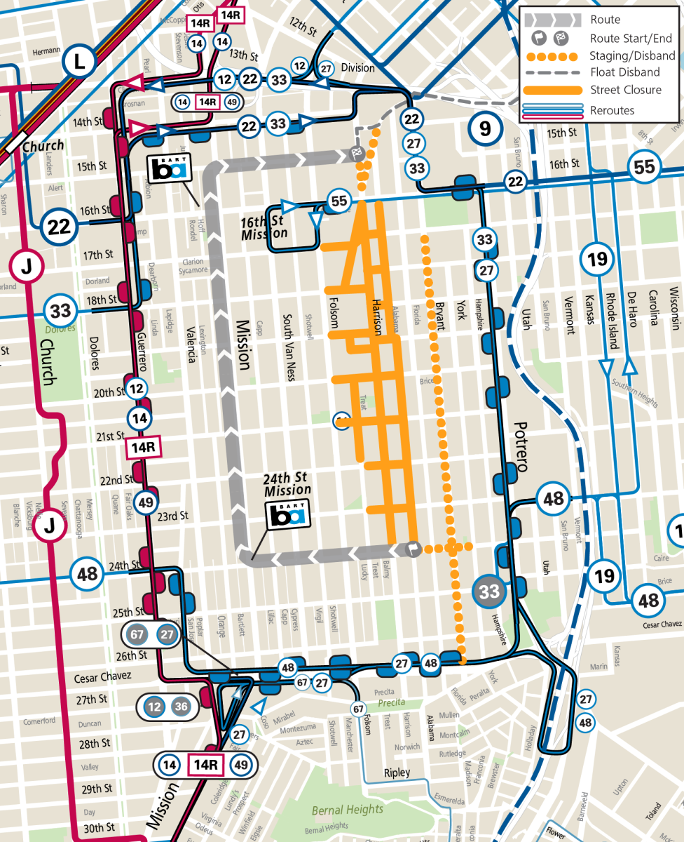 Map of Muni service changes during 2024 Carnaval Parade, May 26, 2024