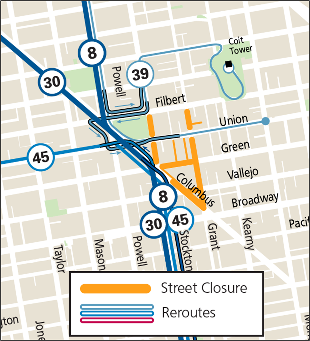 Map of Muni service changes during North Beach Festival 2024