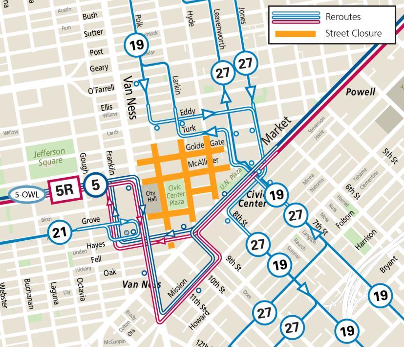 Map of Muni service changes related to 2024 SF Pride festivities