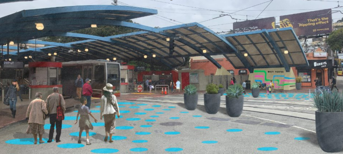 People walking in a plaza outside West Portal Station with blue dots and planters.