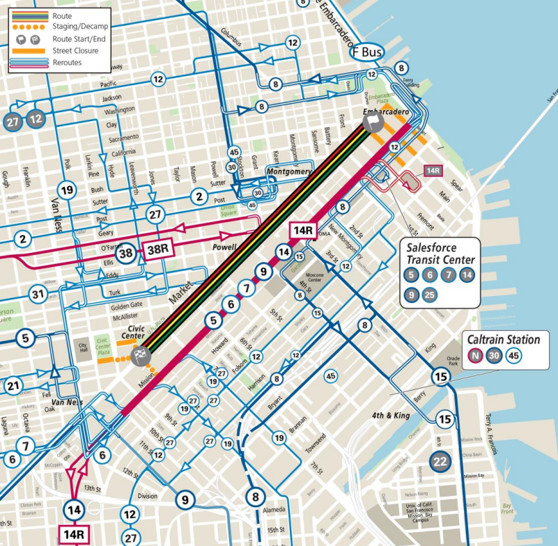 Map showing Muni reroutes during 2024 Juneteenth Parade