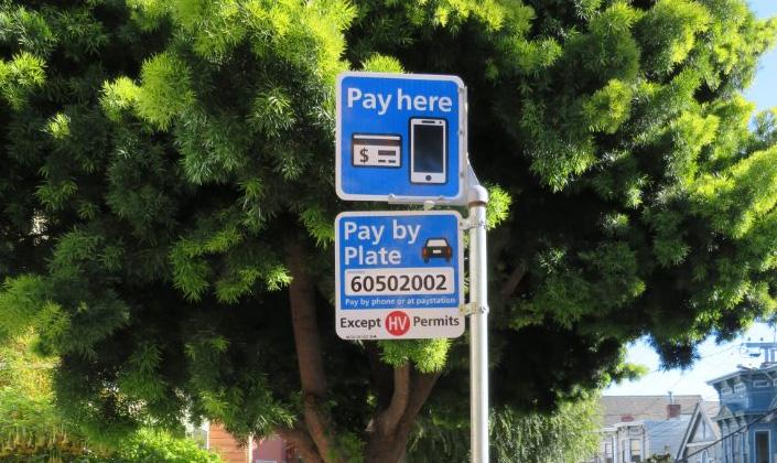 Blue Pay here parking sign in a residential neighborhood.