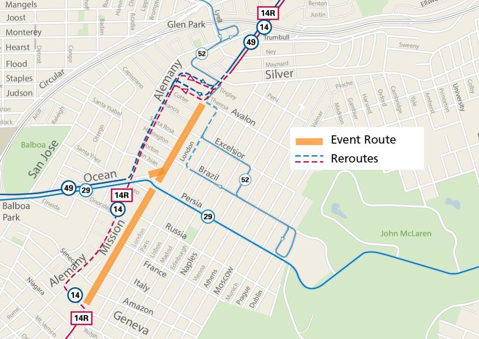 Map of Muni service changes during the Sunday Streets: Excelsior event on July 21, 2024