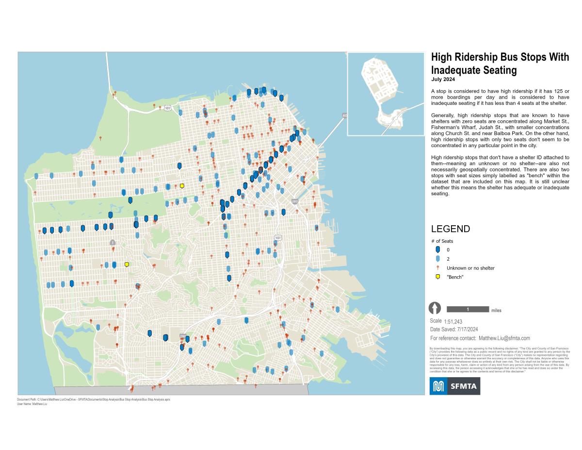 Map of bus shelters at stops with 125 or more boardings per day