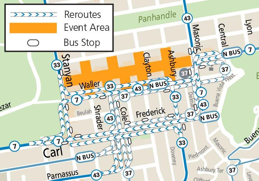 Map of Muni reroutes during Haight-Ashbury Street Fair 2024