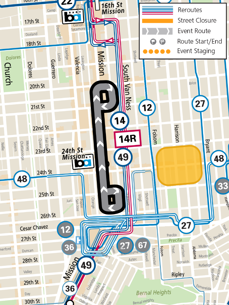 Map of Muni service changes during the Fiesta de las Americas & Lowriders Cruise on Sept. 21, 2024