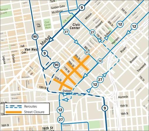 Map showing Muni reroutes during the Folsom Street Fair 2024