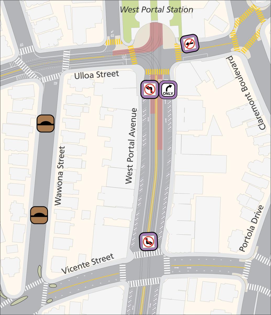   Left turns would be prohibited from northbound West Portal onto Ulloa Street and from southbound West Portal onto Vicente Street.  The bus stop at the northwest corner of West Portal and Vicente Street would be eliminated. Vertical speed elements would be added at three locations on Wawona Street between Vicente and Taraval Streets.  Lenox Way would be converted to one-way. The 91 Owl bus stop would be moved from inside the horseshoe to on Ulloa Street at West Portal Avenue. 