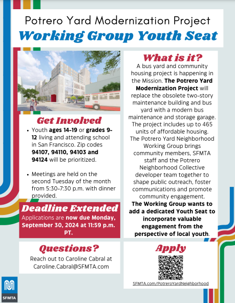 Flyer details the Potrero Yard Neighborhood Working Group's new Youth Seat. It encourages high school aged students in San Francisco to get involved. Includes a picture of what the Potrero Yard could look like.