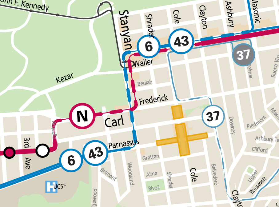 Map of Muni service changes during the Cole Valley Street Fair, Sept. 22, 2024