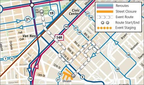 Map of Muni service changes during Leather Pride Fest & Walk 2024