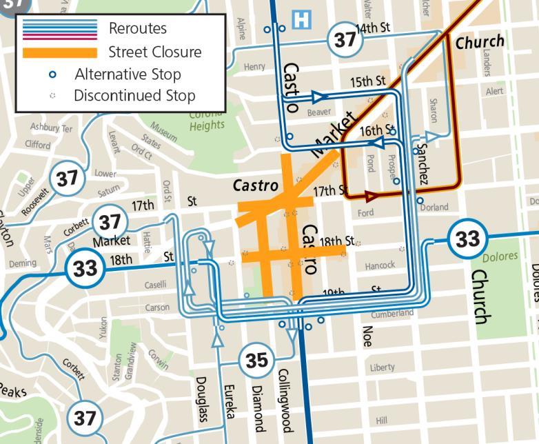 Map of Muni service changes during the Castro Street Fair 2024