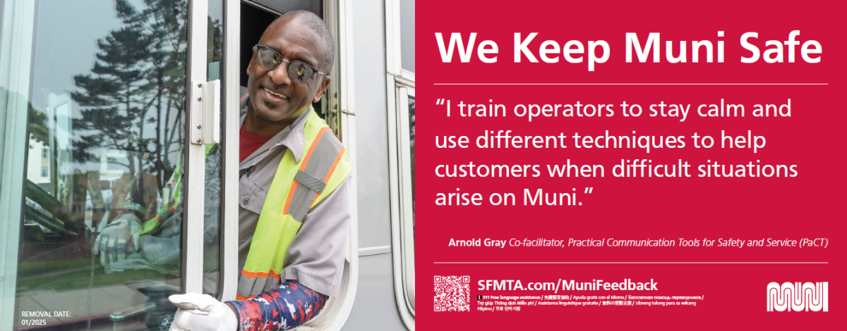 Photo of male SFMTA operator leaning out of a bus window and text