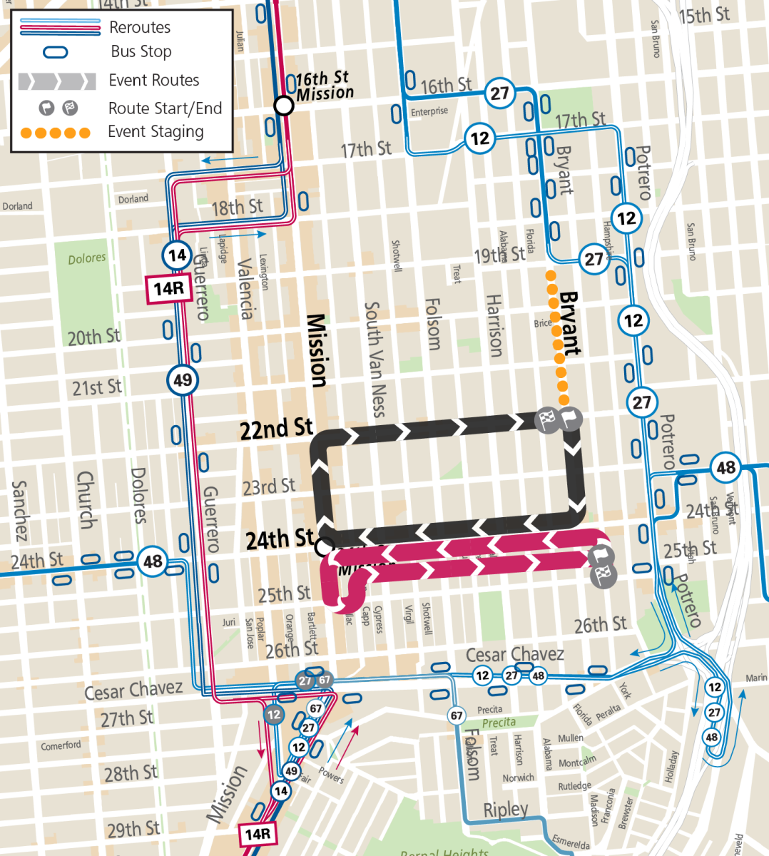 Map showing Dia de los Muertos procession routes and associated Muni service reroutes around the event areas