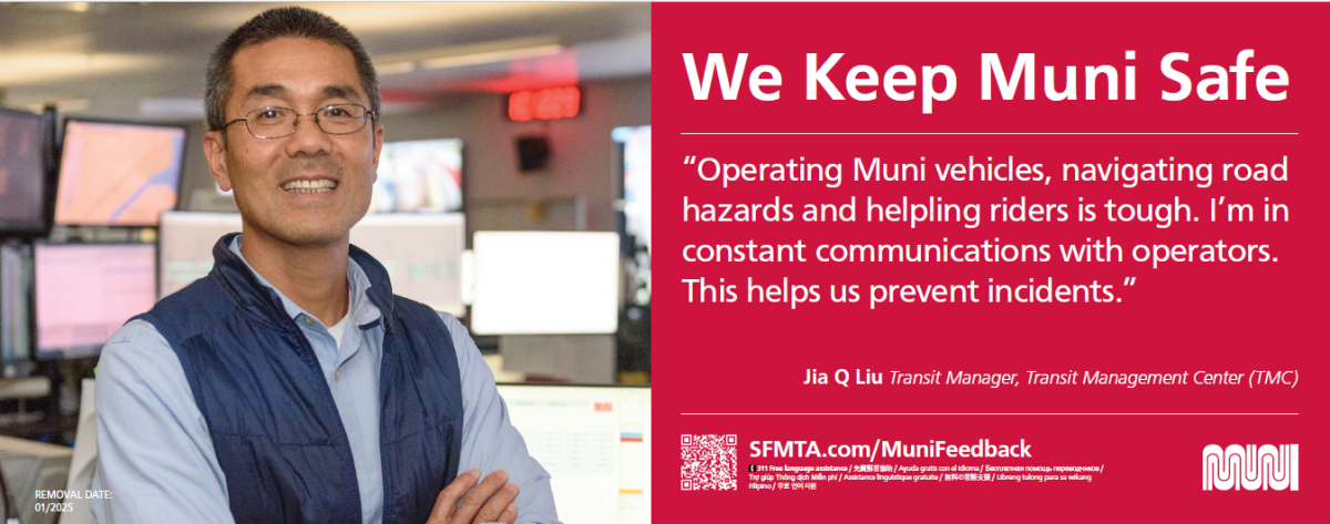 Photo of male SFMTA staff person with computer screens in the background and text.