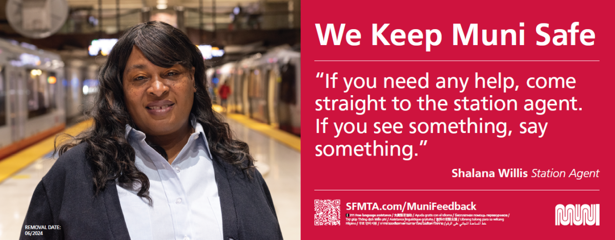 Photo of female SFMTA staff person on Metro platform with text.