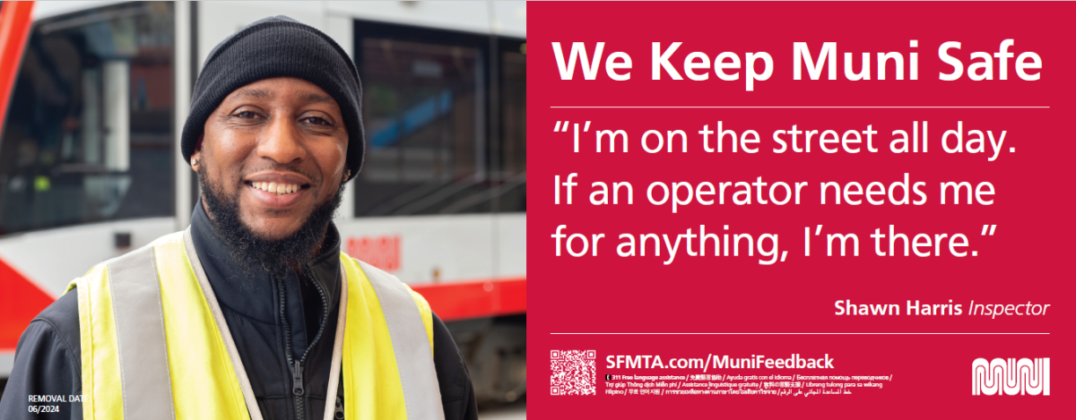 Photo of male SFMTA staff person with Metro train in the background and text.