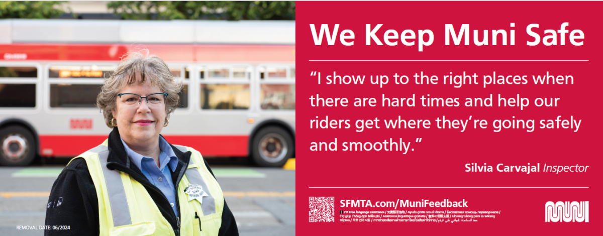 Photo of female SFMTA staff person with Muni bus int he background and text.