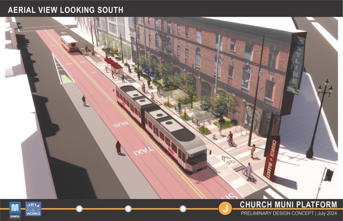 A digital rendering of the proposed transit plaza at Church and Market streets seen from above.