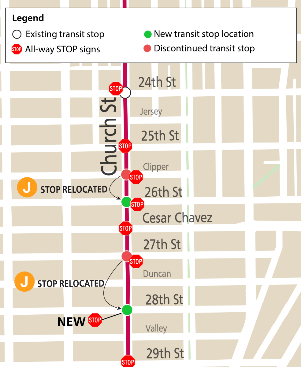 A map showing the changes to J Church stops on Church Street in Noe Valley as referenced in the body of the article.