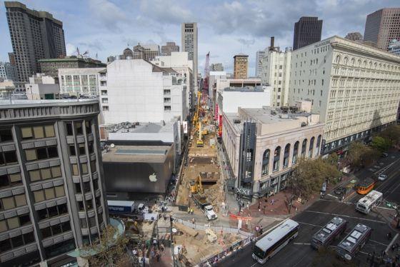 On Stockton Street  between Ellis and O'Farrell streets, work continues on the roof deck of the mezzanine level for the Union Square/Market Street Station.