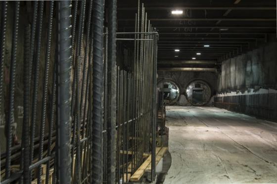 Underground on 4th Street between Harrison and Bryant streets, rebar has been placed to reinforce the portal walls.