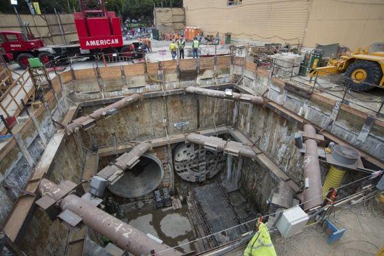 Tunnel boring machine (TBM) Mom Chung sits alone while waiting to be dismantled after TBM Big Alma has been completely removed.