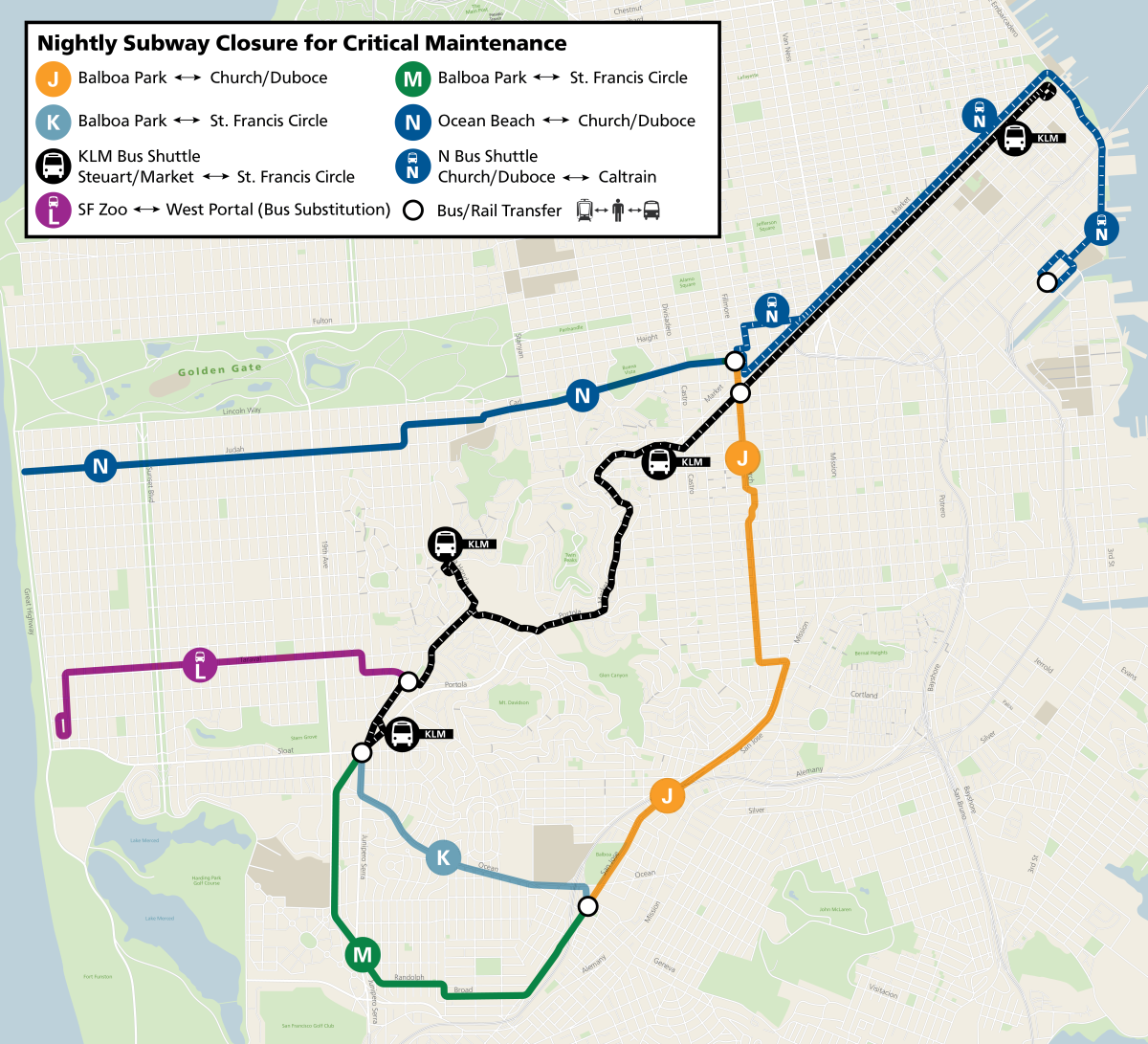 Map showing bus substitutions during early subway closures