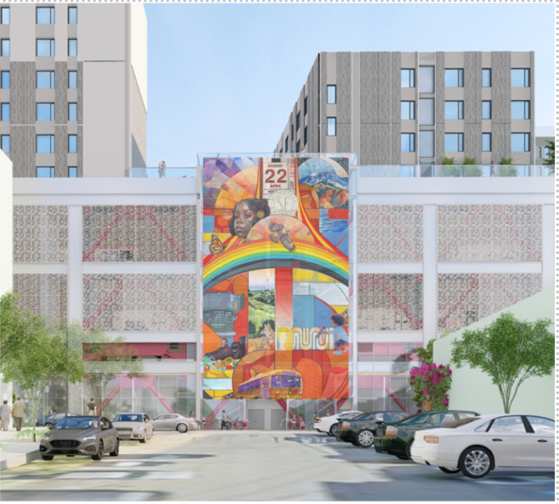 Colorful mural concept showing an old Muni transfer ticket, a rainbow, and imagery relating to San Francisco