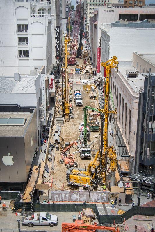 Work at the future Union Square/Market Street Stationsite, on Stockton between Ellis and Post.