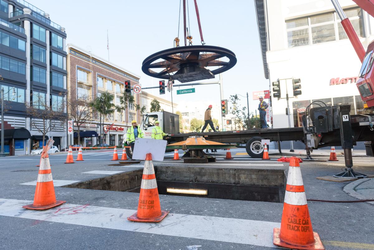 Cable Car sheave being removed for rehabilitation