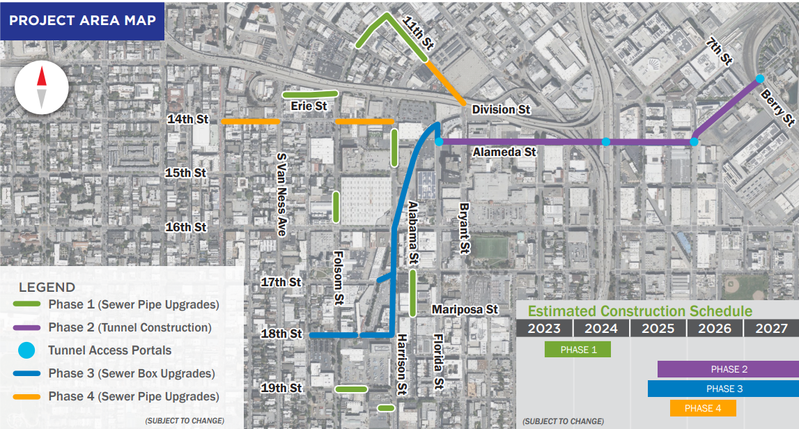 A map and estimated schedule for the PUC Folsom Area Stormwater Improvement Project. (Schedule subject to change).