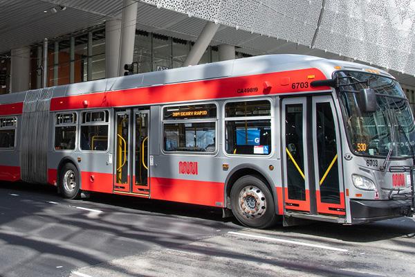 Muni bus under Salesforce Transit Center