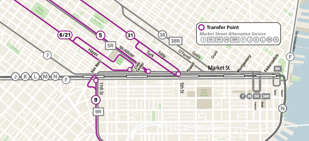 A map showing where routes would turn around at Market Street under a new proposal to save funds by reducing duplicate Muni service as described above.