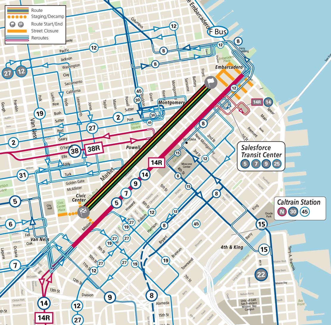 Map showing the Market Street parade route and all Muni service reroutes during the 2025 Juneteenth Parade on Sunday, June 22.