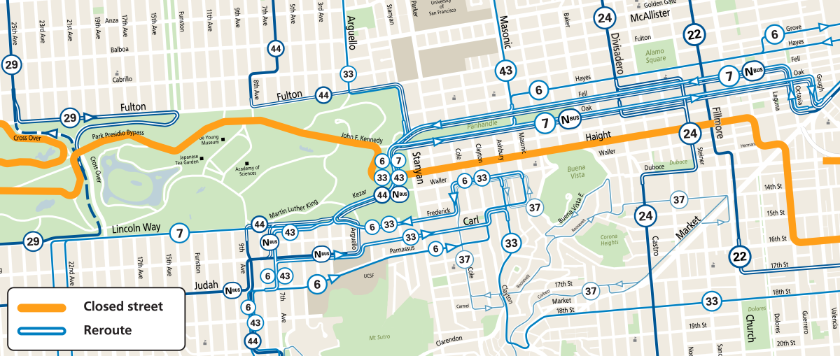 Map of Muni service changes in the area of Golden Gate Park during the SF Marathon