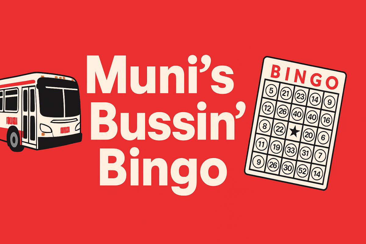 Muni's Bussin' Bingo title with bus and bingo card