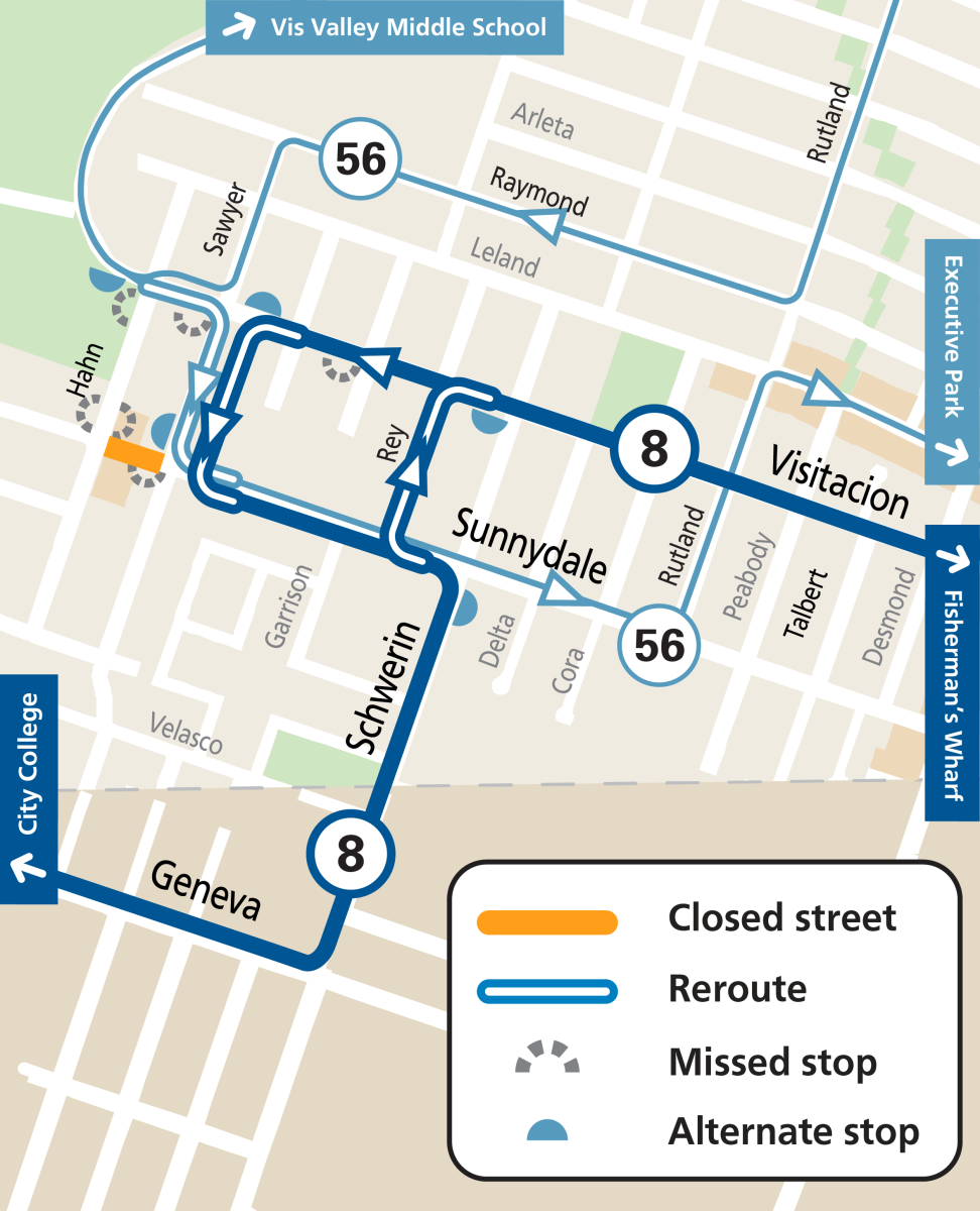 Map showing 8 Bayshore and 56 Rutland reroutes during River of Life Prayer Breakfast