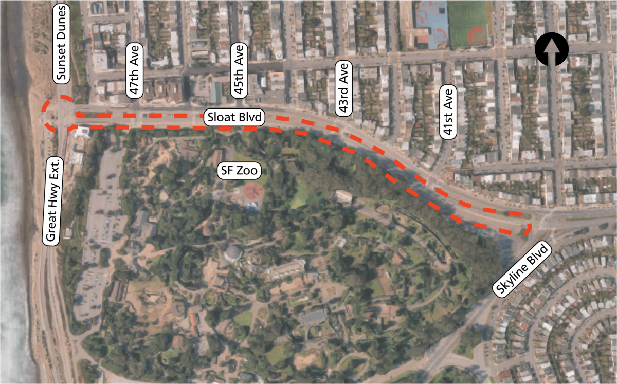 Project impacts map Map showing that the project impacts are limited to the Great Highway and Sloat Boulevard intersection and the south side of Sloat Blvd from Great Highway to Skyline Blvd.