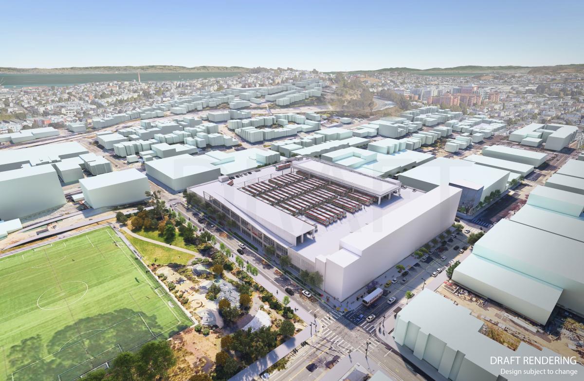 Aerial view rendering of large urban multi-use building