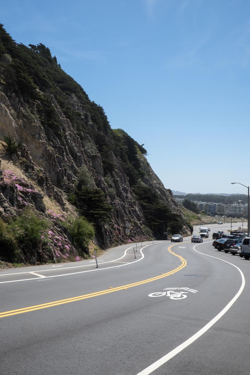 Curved road with steep cliff on left, sharrow markings and bicycle symbol on pavement, vehicles ahead, ocean view in distance