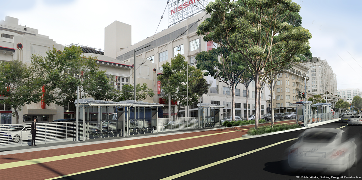 Van Ness Avenue BRT station rendering at Sutter Street with transit shelter, trees, and street improvements.