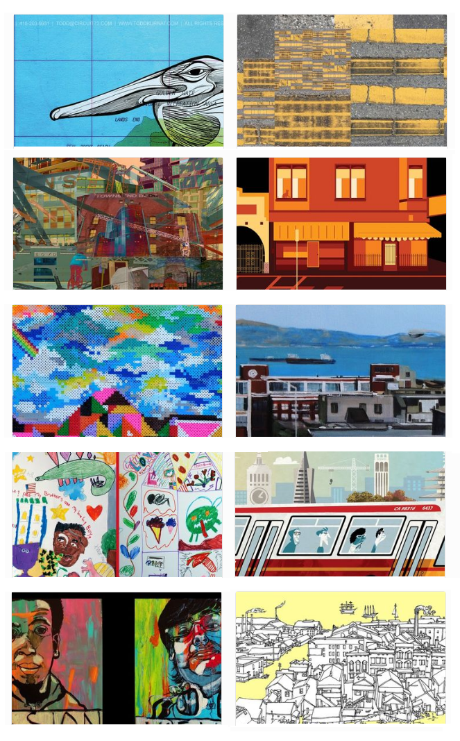 Grid of ten colorful transit bus wrap design finalists featuring diverse artistic styles and subjects.