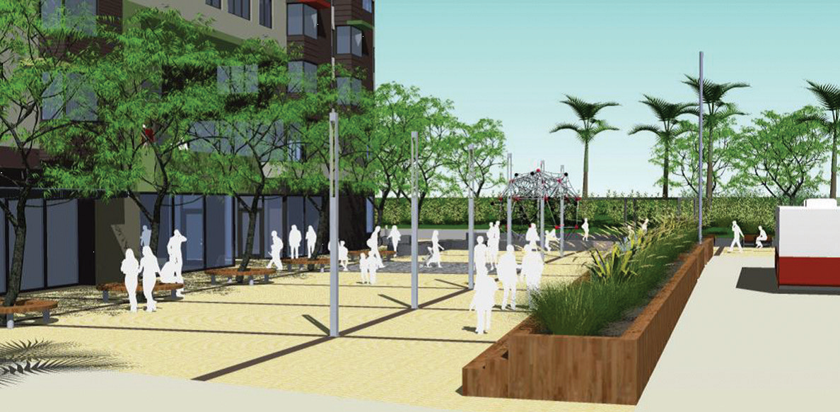Rendering of Future Unity Plaza with palm trees, modern building, and pedestrians in sandy courtyard area.