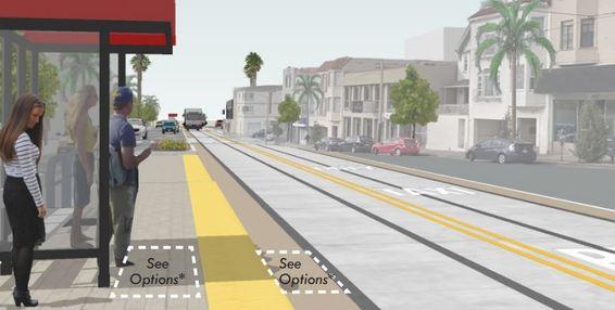 Rendering of streetcar station with passengers waiting at platform beside tracks and urban street.