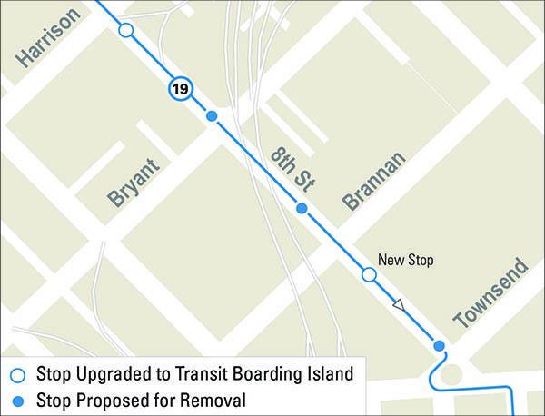 Map showing Route 19 Polk stops on 8th Street with upgrades to transit boarding islands and proposed removals between Harrison and Townsend.